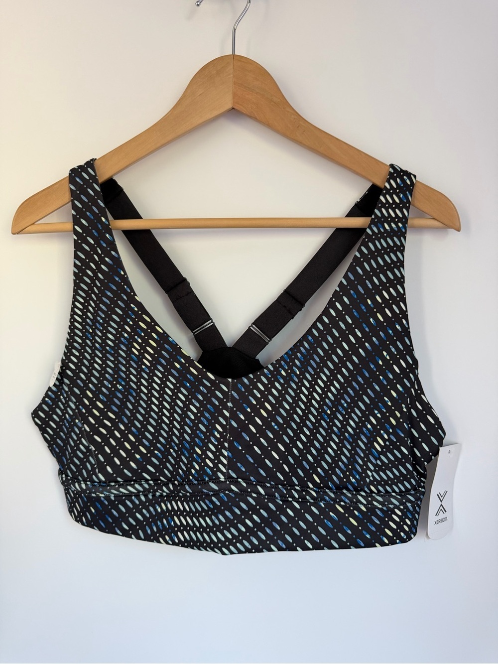 Xersion Black Sports Bra with Blue & Light Green Dot Pattern